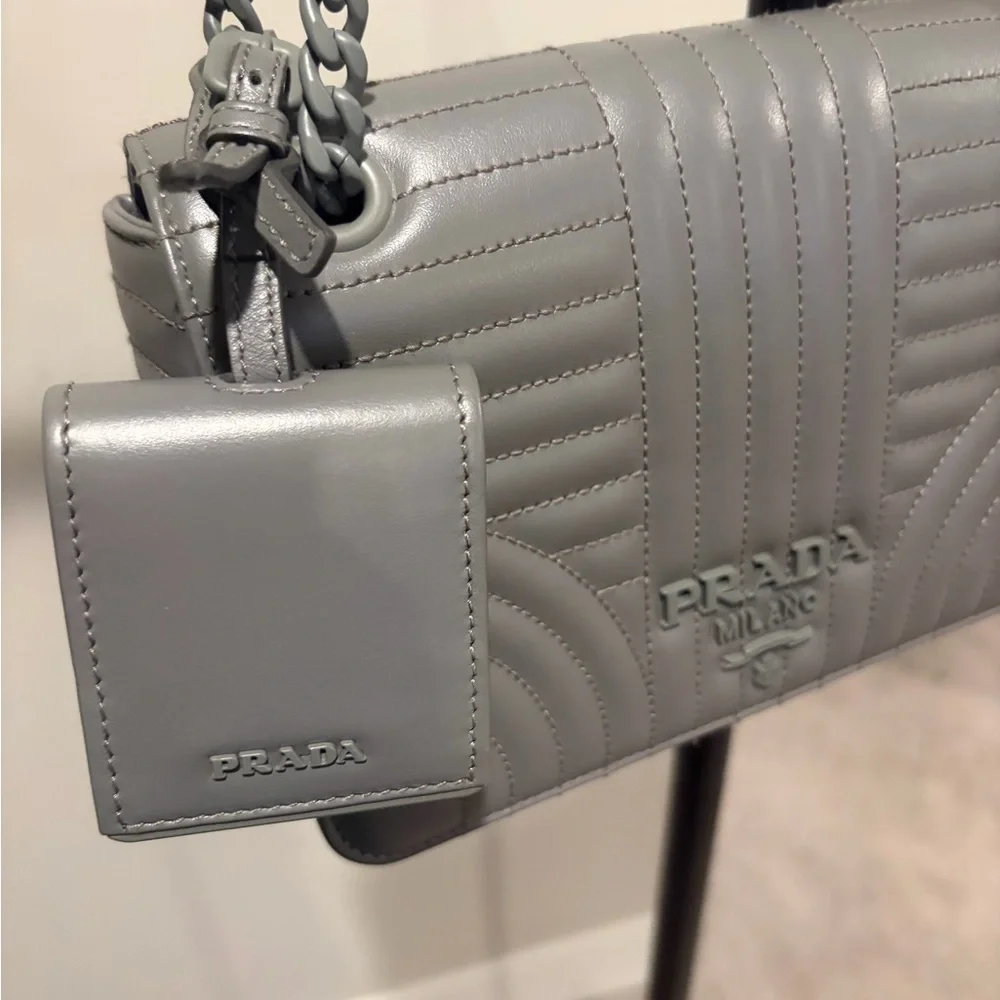 Prada Diagramme Grey Leather Bag w/ Chain Strap - Picture 3 of 13